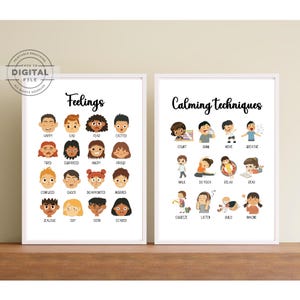 Feelings Chart Emotions Poster for Kids, Set of 2 Art Prints, Calming Techniques Printables, Toddler Playroom Wall Decor, Calm Down Corner
