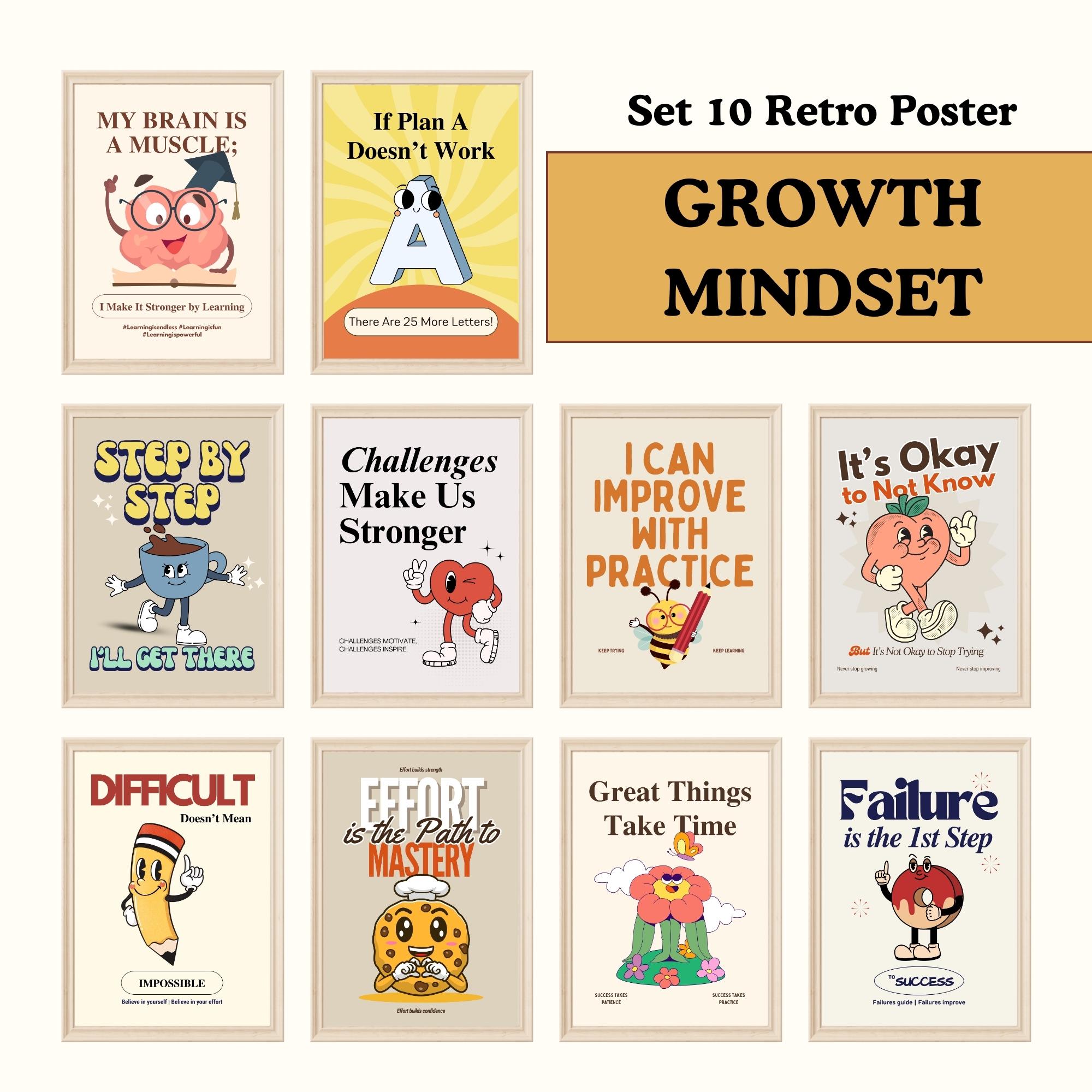 Growth Mindset Poster Set, Retro Classroom Decor, School Bulletin Boards, Kids Room Wall Art Prints, Classroom Quotes Printable Bundle
