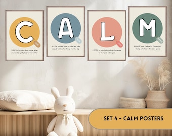 CALM Down Boho Posters, Set of 4 Printables, Calming Corner Sign Prints, Homeschool Classroom Decor, Calming Techniques Poster for Kids
