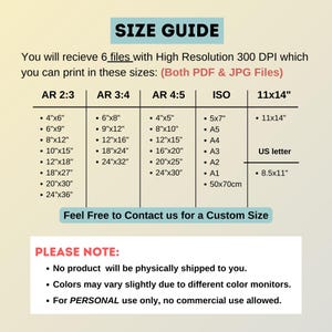 May include: A size guide for printable digital files. The guide lists different aspect ratios and standard paper sizes, including 4x6 inches, 6x8 inches, 8.5x11 inches, and A4. The guide also includes a note that no physical products will be shipped.