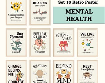 Mental Health Retro Poster, Set of 10, Groovy Therapy Office Decor, Psychology Gallery Wall Art, Uplifting Quotes Bundle, Counselor Prints