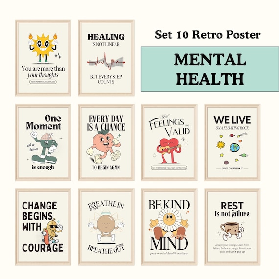 Mental Health Retro Poster, Set of 10, Groovy Therapy Office Decor, Psychology Gallery Wall Art, Uplifting Quotes Bundle, Counselor Prints