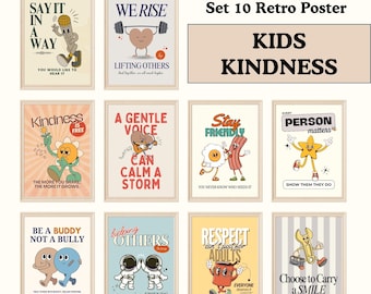 Kindness & Repekt Poster, 10er-Set Prints, Klassenzimmer Pinnwände, Positives Zitat Printables, Kinder Retro-Wand-Dekor, Groovy Art Bundle