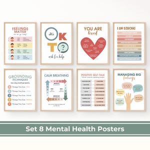 Posters geestelijke gezondheid, set van 8, psychologie muurkunst, gevoelsgrafiek print, printables kinderkamer decor, mindfulness ademhaling, rustgevende hoek