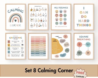 Calming Down Corner Poster, Set of 8 Printables, Boho Calm Down Prints, Homeschool Classroom Decor, Coping Skills, Kids Affirmation Wall Art