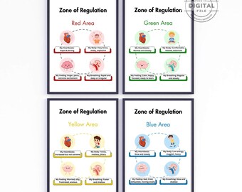 Cartaz de Zonas de Regulamentação, Conjunto de 4, Quadro de Sentimentos Decoração de Sala de Aula, Cantinho da Calma, Quadro de Avisos de Psicologia Escolar, Impressões de Arte de Parede para Crianças
