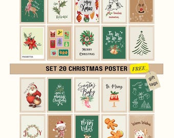 May include: Set of 20 printable Christmas posters featuring various holiday themes, including a poinsettia, a Christmas tree, a Santa Claus, a gingerbread man, and a lightbulb. The posters are in a variety of colors and styles, and they are perfect for adding a festive touch to your home or office.