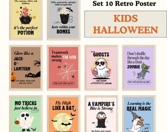 Halloween Poster Süß Maskottchen, Set von 10 Prints, Gruselige motivierende Wandkunst, Klassenzimmer druckbar, Kinder Retro Dekor (digitaler Download)