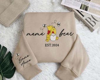 Custom Embroidered Mama Bear Shirt, Mama Est with Kid Name on Sleeve Shirt, Personalized Mom Shirt, Mothers Day Sweatshirt, New Mom Shirt