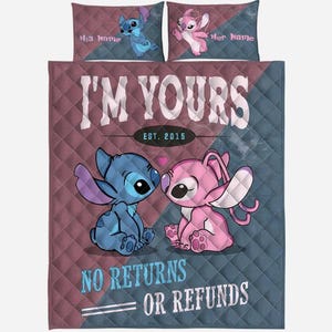 May include: A bedding set featuring a blue and pink cartoon couple, with the text "I'M YOURS" and "EST. 2015". The set includes a quilt and two pillowcases, with the words "His Name" and "Her Name" on the pillowcases.