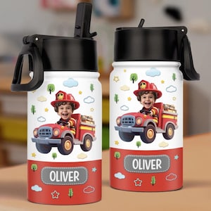 Custom Photo Kids Water Bottle Personalized Back To School Gifts For Kids Fire Truck Fun Ahead, Dump Truck, Excavator, Helicopter, Birthday