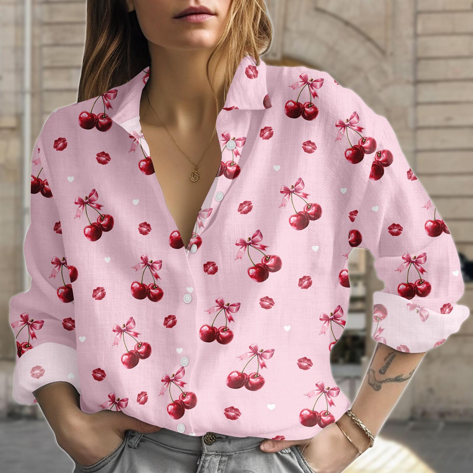 Discover Cherry Pattern Blouse Shirt, Cherry Kiss Button Women Shirt, Pink Lips Women Top, Women Blouse Top, Gift for Her