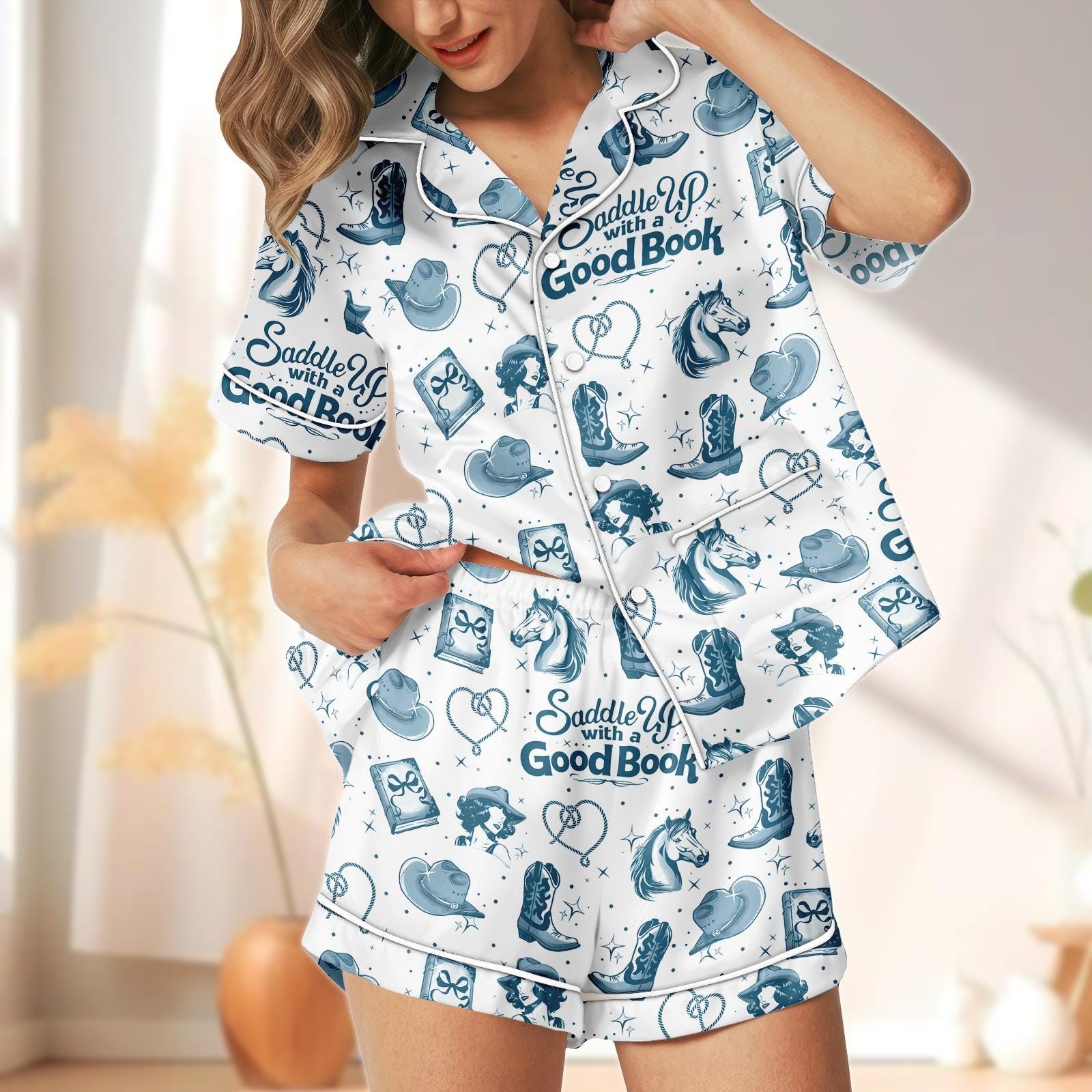 Discover Western Cowgirl Short Pajamas, Horse Theme Sleepwear for Women, Cute PJs Set, Gift for Book & Horse Lover, Soft Nightwear