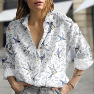 Bird Print Blouse Shirt, Swallow Button Women Shirt, Nature Print Women Top, Women Blouse Top, Gift for Bird Lover