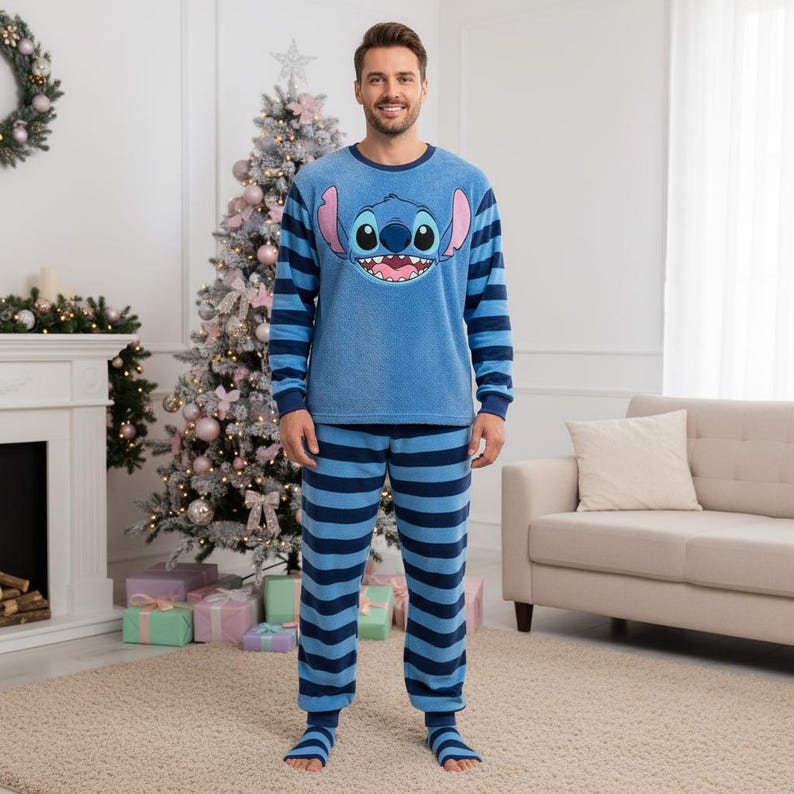 Stitch Family Pajamas, Alien Long Pajamas, Blue Alien Long Tee & Pants PJs, Family Matching Pajamas Set, Family Sleepwear Xmas Gift