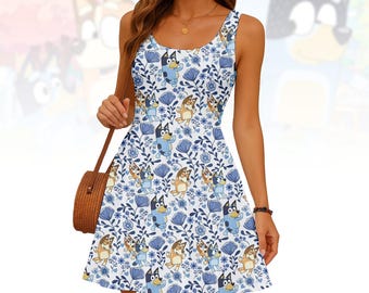 Cartoon Puppy Skater Dress, Dogs Print Women Sundress, Cute Kids A-line Dress, Women Summer Dress, Gift For Dog Lover