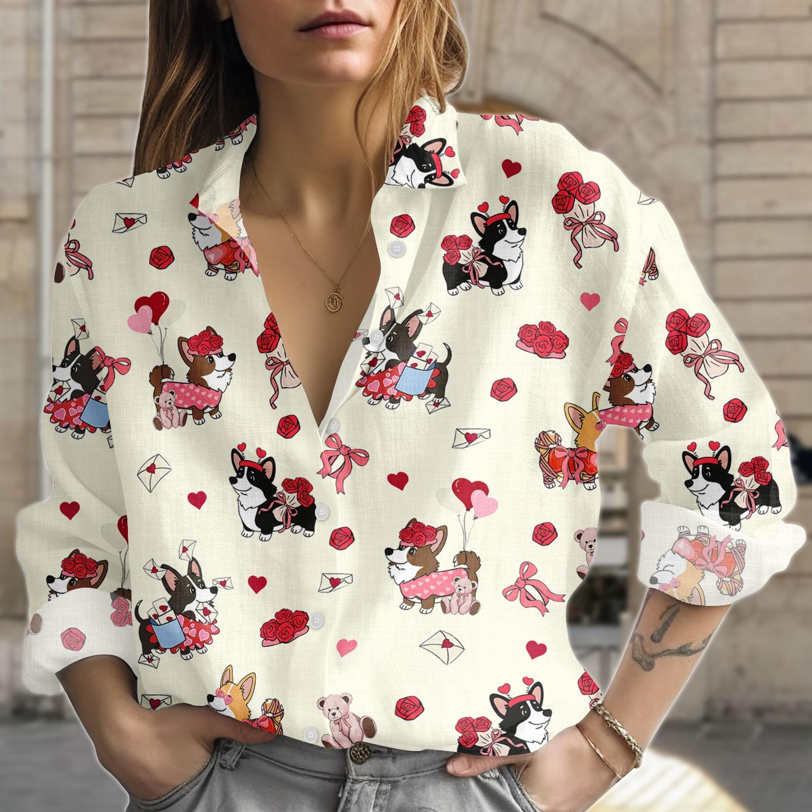 Discover Corgi Blouse Shirt, Cute Valentine Button Women Shirt, Kawaii Dog Women Top, Women Blouse Top, Gift for Dog Lover