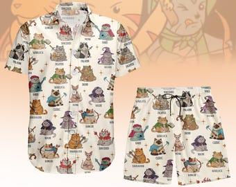 Cute DnD Cats Hawaiian Shirt & Shorts Set, Fantasy RPG Class Kitten Print Button Up, Gamer Nerd Summer Outfit, Unisex Lounge Set