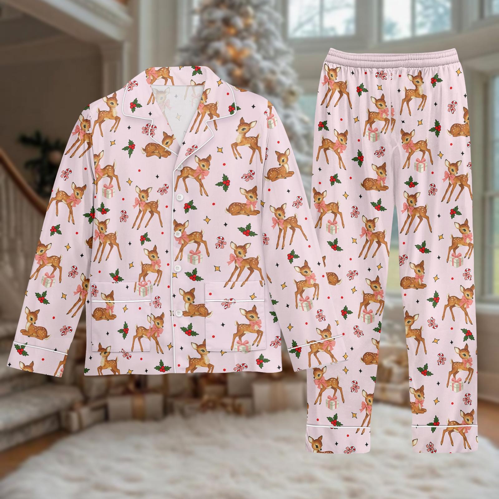 Discover Reindeer Thick Pajamas Set, Cute Deer Long Sleeve Sleepwear, Holiday Gift For Kids, Festive Loungewear For Christmas Morning
