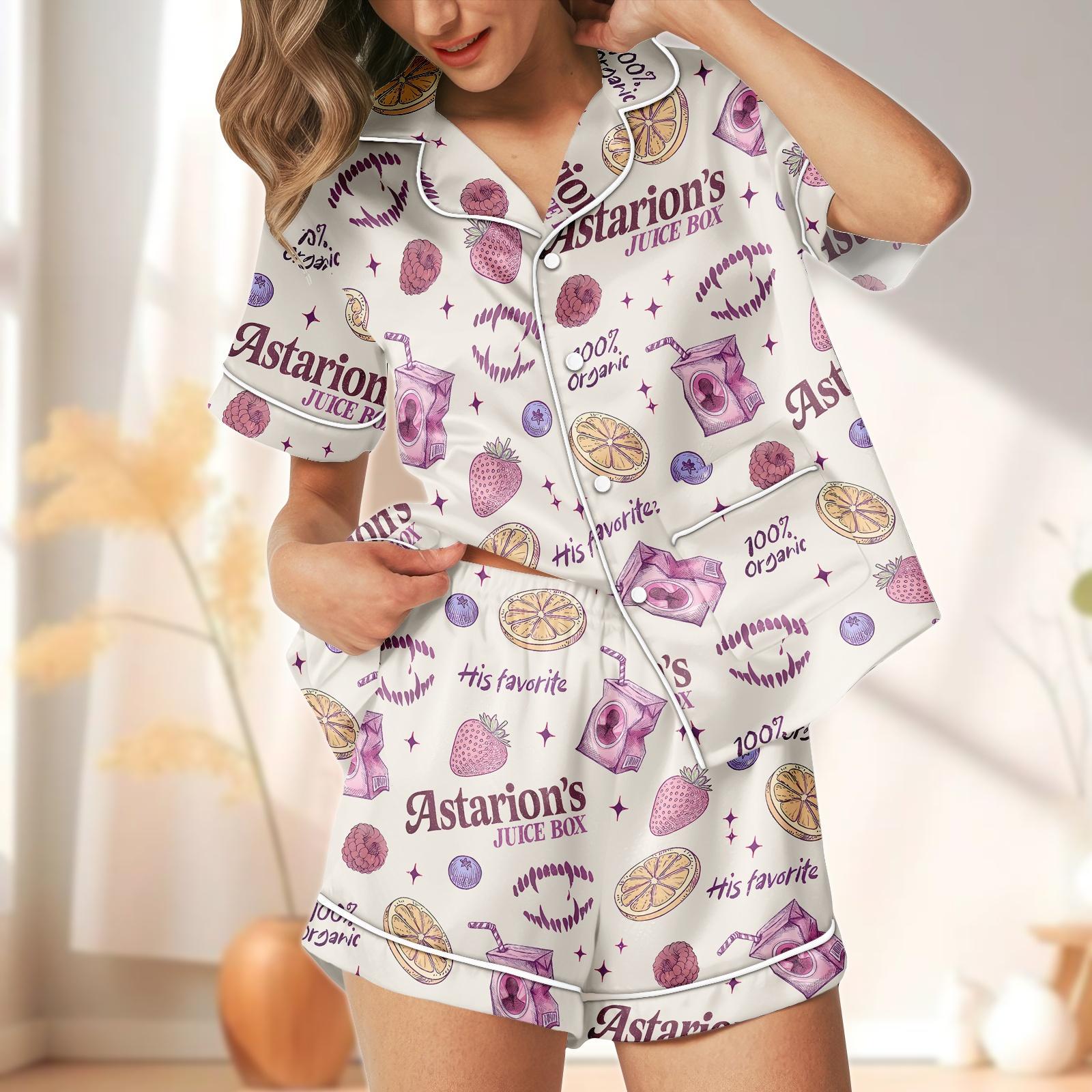 Discover Astarion Short Pajamas, Juice Box Themed Organic Print PJs Set for Women, Comfortable Sleepwear, Perfect Gift for Her
