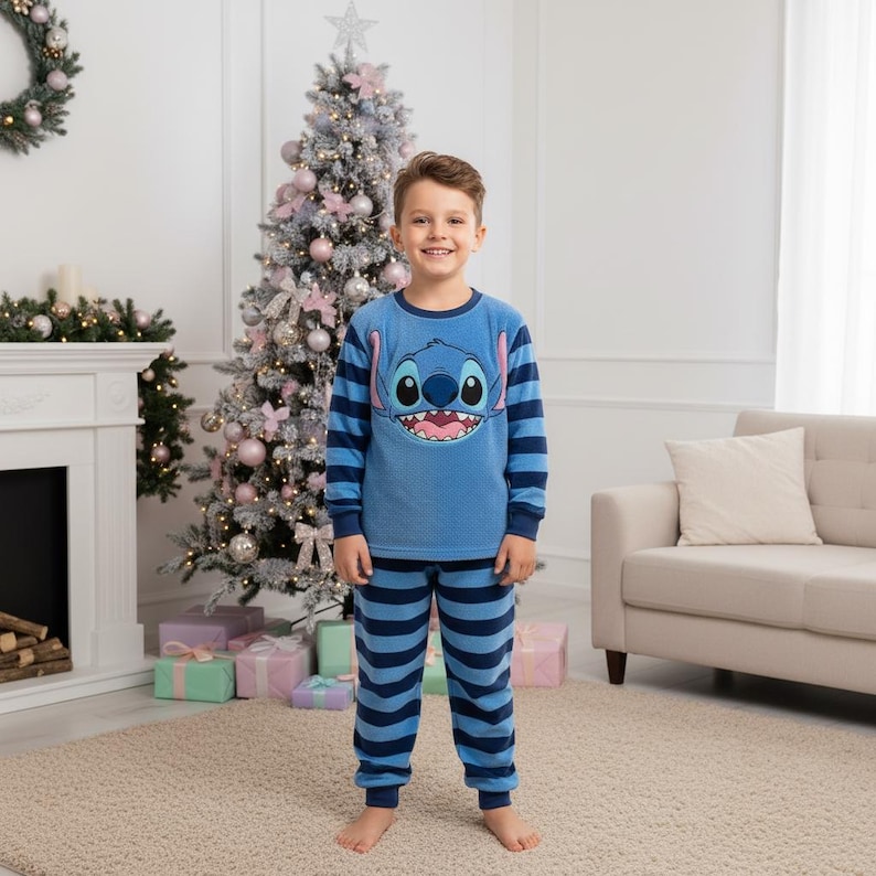 Stitch Family Pajamas, Alien Long Pajamas, Blue Alien Long Tee & Pants PJs, Family Matching Pajamas Set, Family Sleepwear Xmas Gift