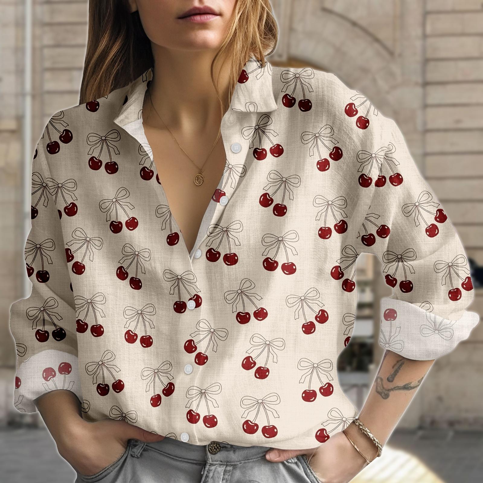 Discover Cherry Print Blouse Shirt, Cute Cherry Button Women Shirt, Retro Women Top, Women Blouse Top, Gift For Her