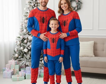 Pigiama per la famiglia Spider Hero, pigiama lungo da supereroe, pigiama lungo da supereroe con maglietta e pantaloni, set pigiama coordinato per la famiglia, pigiami natalizi per la famiglia