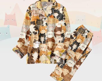 Lange, dikke pyjamaset voor kattenliefhebbers, dikke lange pyjama met kattenprint, bijpassende pyjamaset voor dames, cadeau voor kattenbezitter