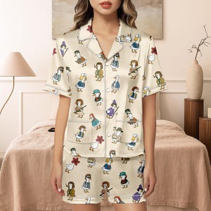 Cute Duck Pajama Set Short, Funny Goose Cartoon Print Sleepwear, Cozy Button Up PJs, Quirky Animal Lounge Outfit, Gift for Her