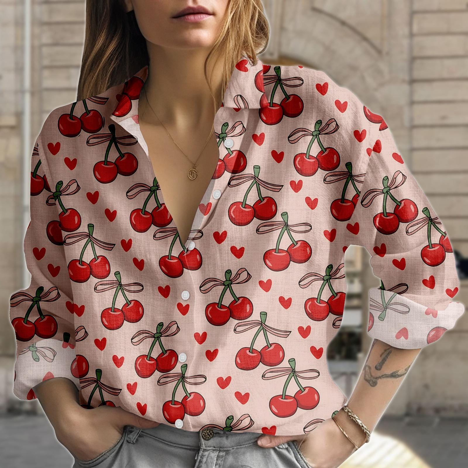 Discover Cherry Print Blouse Shirt, Heart Button Women Shirt, Fruit Pattern Women Top, Women Blouse Top, Gift for Her