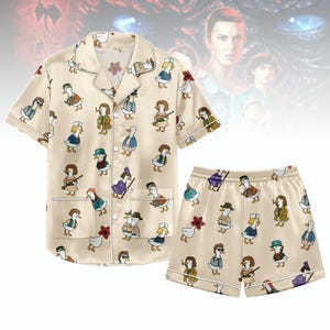 Cute Duck Pajama Set Short, Funny Goose Cartoon Print Sleepwear, Cozy Button Up PJs, Quirky Animal Lounge Outfit, Gift for Her