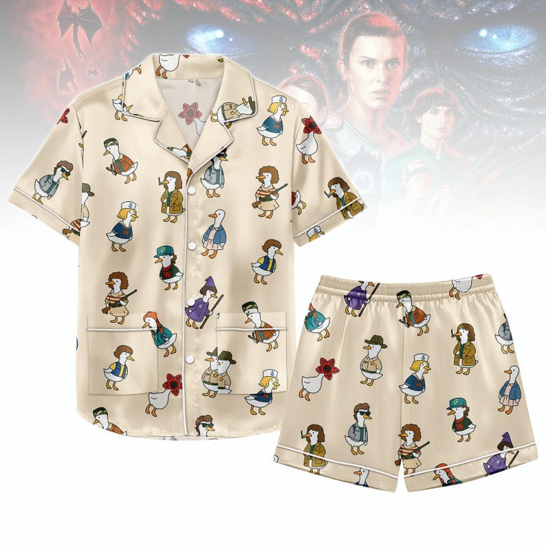 Cute Duck Pajama Set Short, Funny Goose Cartoon Print Sleepwear, Cozy Button Up PJs, Quirky Animal Lounge Outfit, Gift for Her