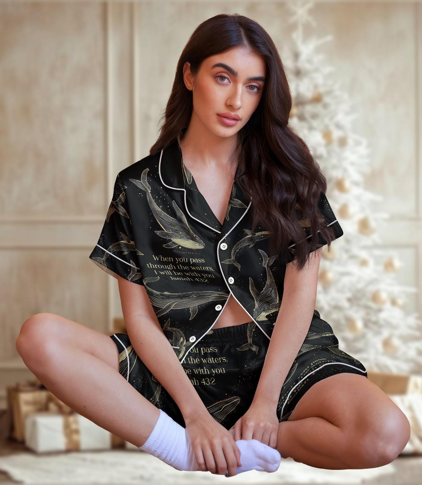 Discover Whale Christmas Pajama Set, Elegant Short Sleeve Holiday Sleepwear, Bible Verse Nightwear Gift For Women, Comforting Winter Gift