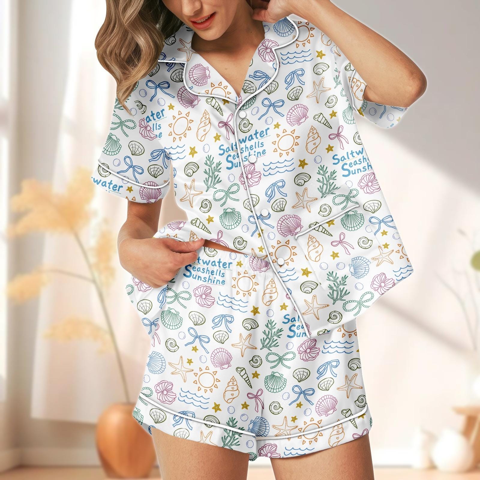 Discover Beach Themed Short Pajamas, Seashell & Ocean PJs Set for Women, Comfortable Sleepwear, Perfect Gift for Beach Lovers
