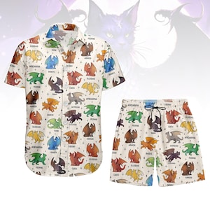 May include: A matching shirt and shorts set featuring a dragon pattern on an off-white background. The shirt is short-sleeved and button-down. The shorts have a drawstring. The background has a cat graphic.