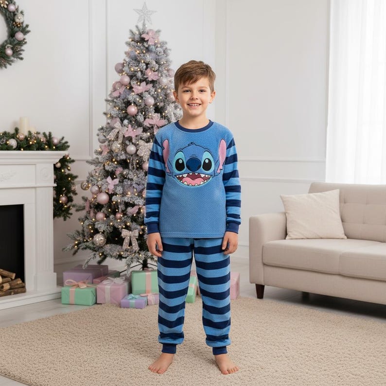 Stitch Family Pajamas, Alien Long Pajamas, Blue Alien Long Tee & Pants PJs, Family Matching Pajamas Set, Family Sleepwear Xmas Gift