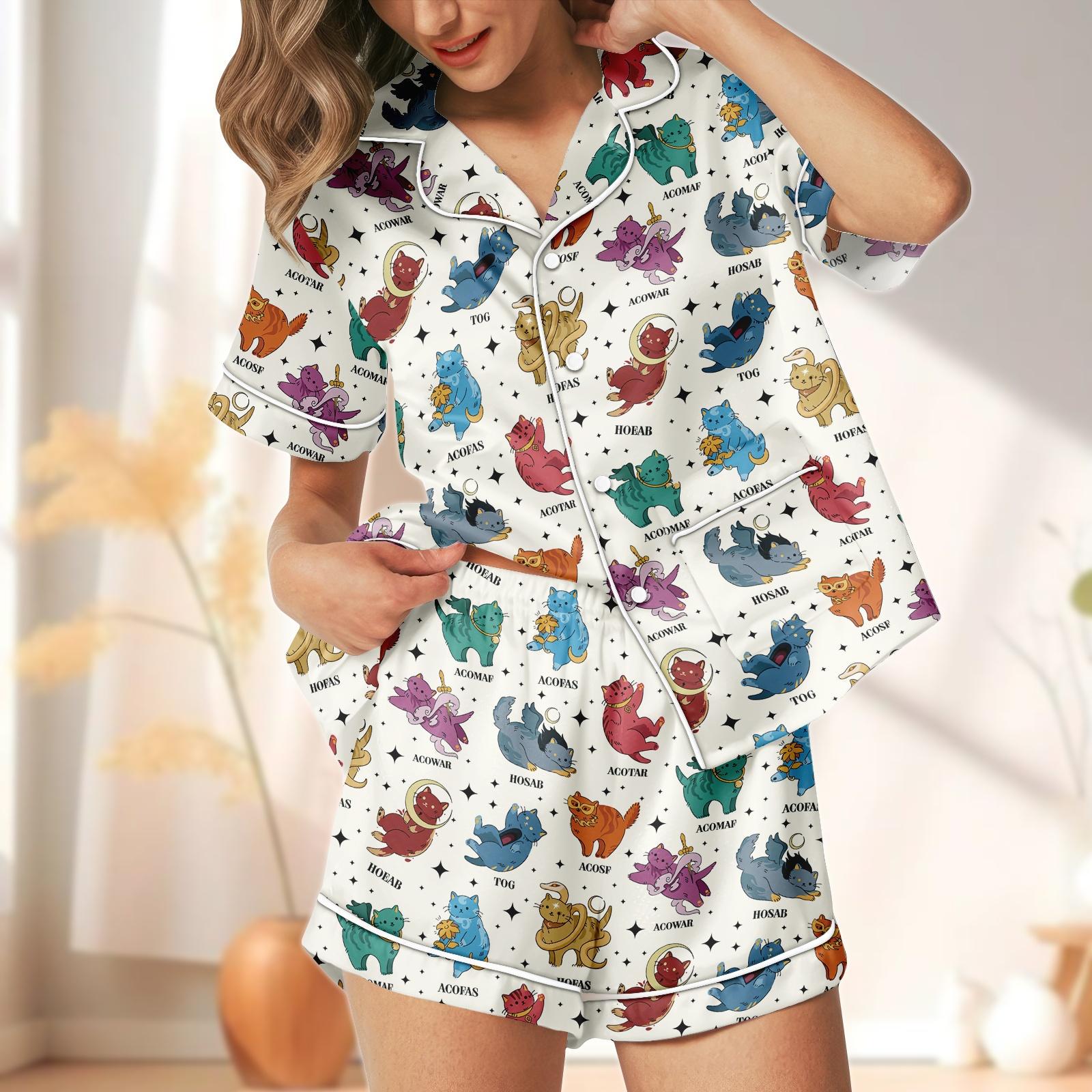 Discover Fantasy Cats Short PJs Set, Cat Lover Pajamas, Cozy Short Pajama Set, Women Pajama, Gift For Book Fan