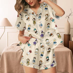 Cute Duck Pajama Set Short, Funny Goose Cartoon Print Sleepwear, Cozy Button Up PJs, Quirky Animal Lounge Outfit, Gift for Her