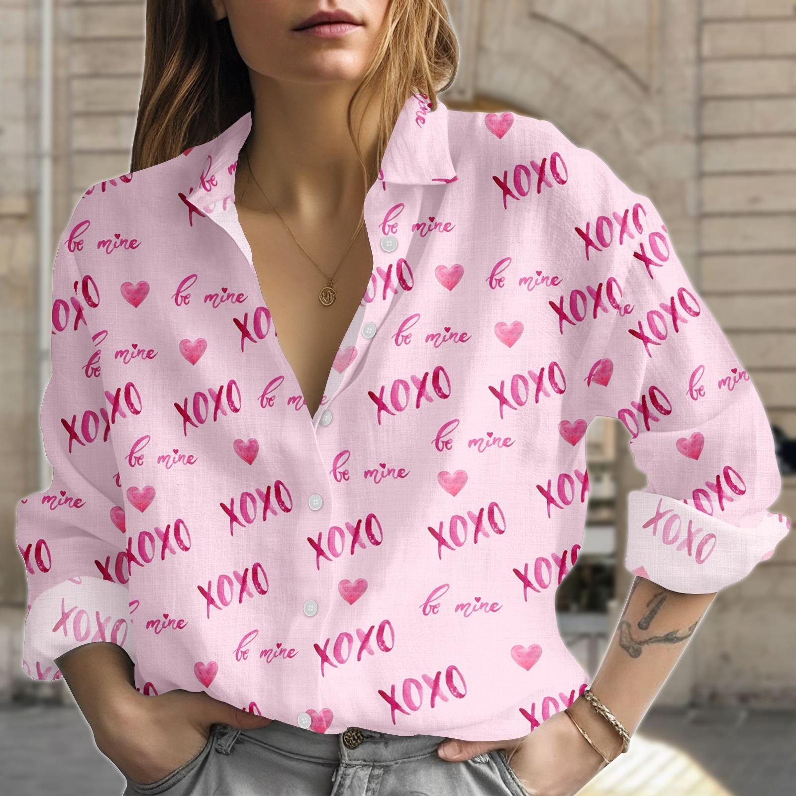 Discover XOXO Be Mine Blouse Shirt, Romantic Heart Button Women Shirt, Valentine's Day Women Shirt, Gift for Her