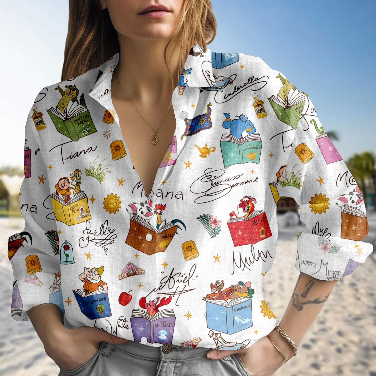 Discover Princess Pattern Blouse Shirt, Disney Button Women Shirt, Fairy Tale Women Top, Women Blouse Top, Gift for Disney Fan