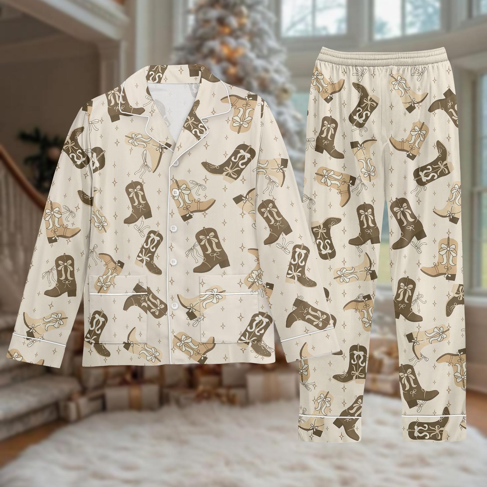 Discover Western Cowboy Boot Pajamas Set, Cozy Thick Long Sleeve Sleepwear, Holiday Gift For Her, Cute Farmhouse Loungewear For Xmas Morning
