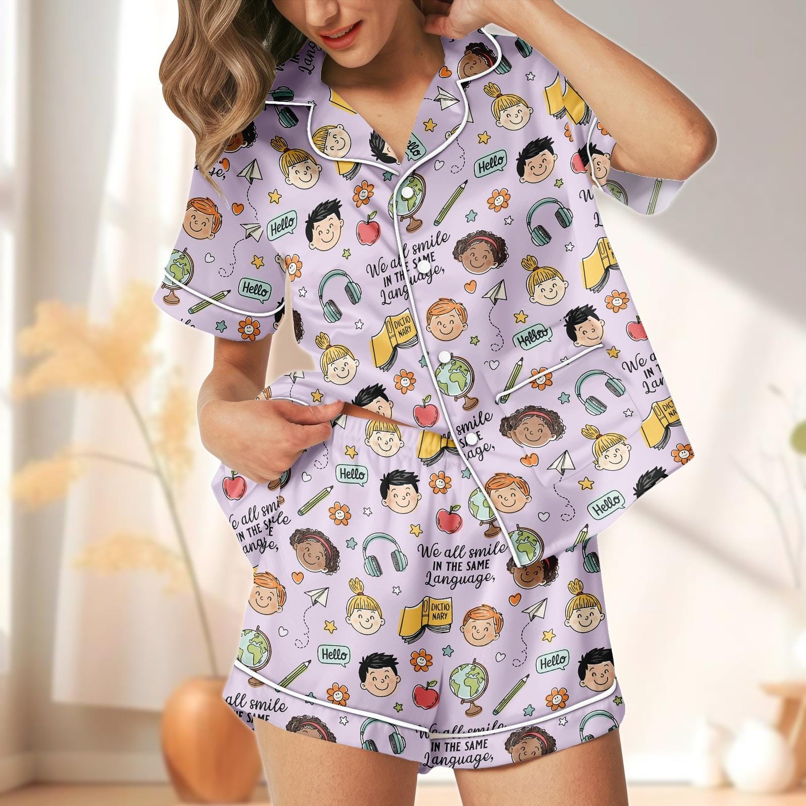 Discover Multicultural Diversity Print Pajamas, Short Pajama Set for Women, Kids Art Sleepwear, Perfect Gift for Teachers