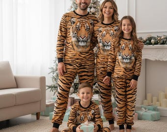 Tiger Family Pajamas, Tiger Long Pajamas, Animal Print Long Tee & Pants PJs, Family Matching Pajamas Set, Pajama Family Gift