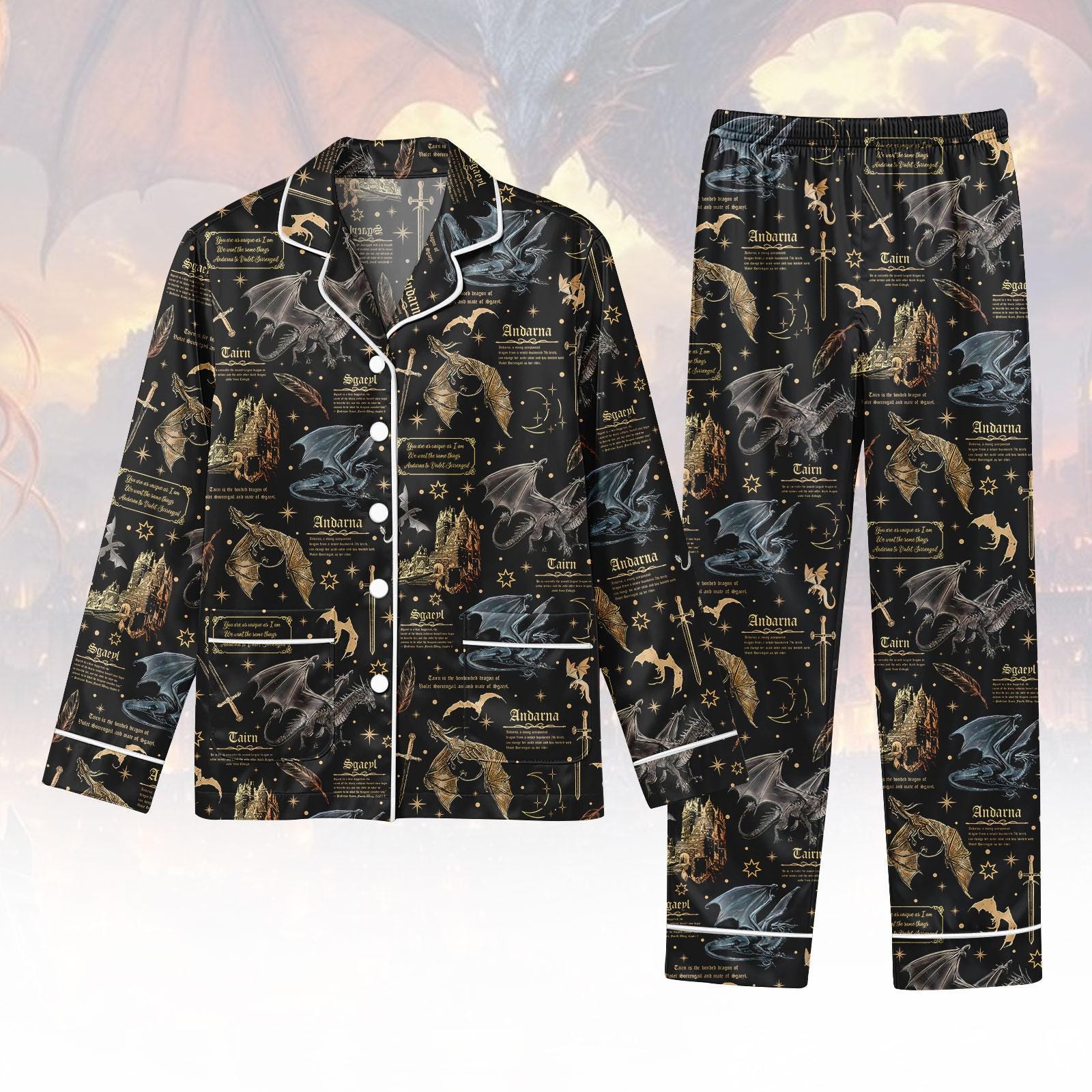 Discover Dragon Fantasy Pajamas Set, Gothic Long Sleeve Pajamas, Mythical Pajama Set, Women Pajamas, Gift for Fantasy Fan