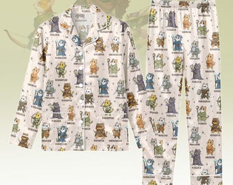 Cute RPG Cats Pajama Set, Fantasy Class Kitten Print Long Sleeve Button PJs, DnD Gamer Cozy Sleepwear, Unisex Lounge Set