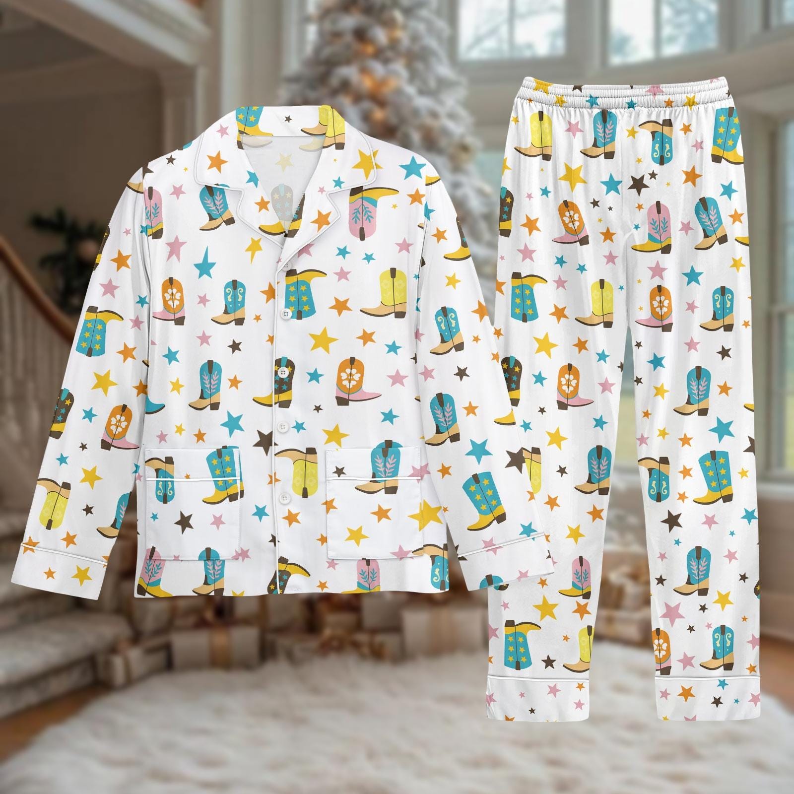 Discover Cowboy Boot Thick Pajamas Set, Colorful Long Sleeve Sleepwear, Christmas Gift For Her, Cozy Loungewear For Winter Nights, Holiday Gift