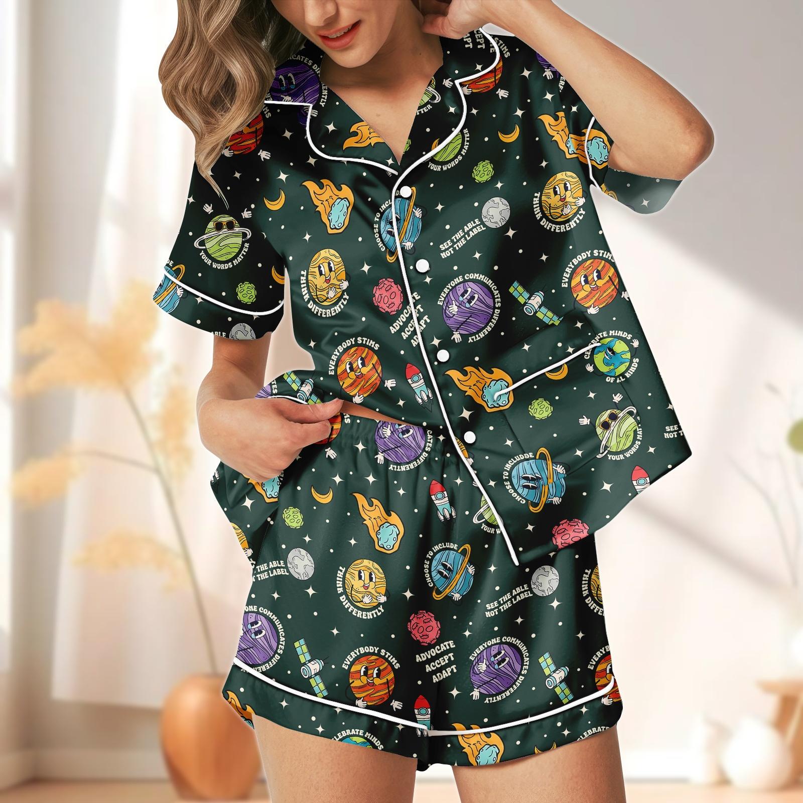 Discover Space Theme Short PJs Set, Galaxy Pajamas, Cosmic Short Pajama Set, Women Pajama, Gift for Space Fan