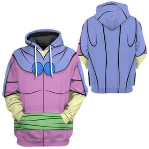 May include: A purple and pink hoodie with a blue and white design. The hoodie has a hood and a drawstring. The hoodie is a 3D print.