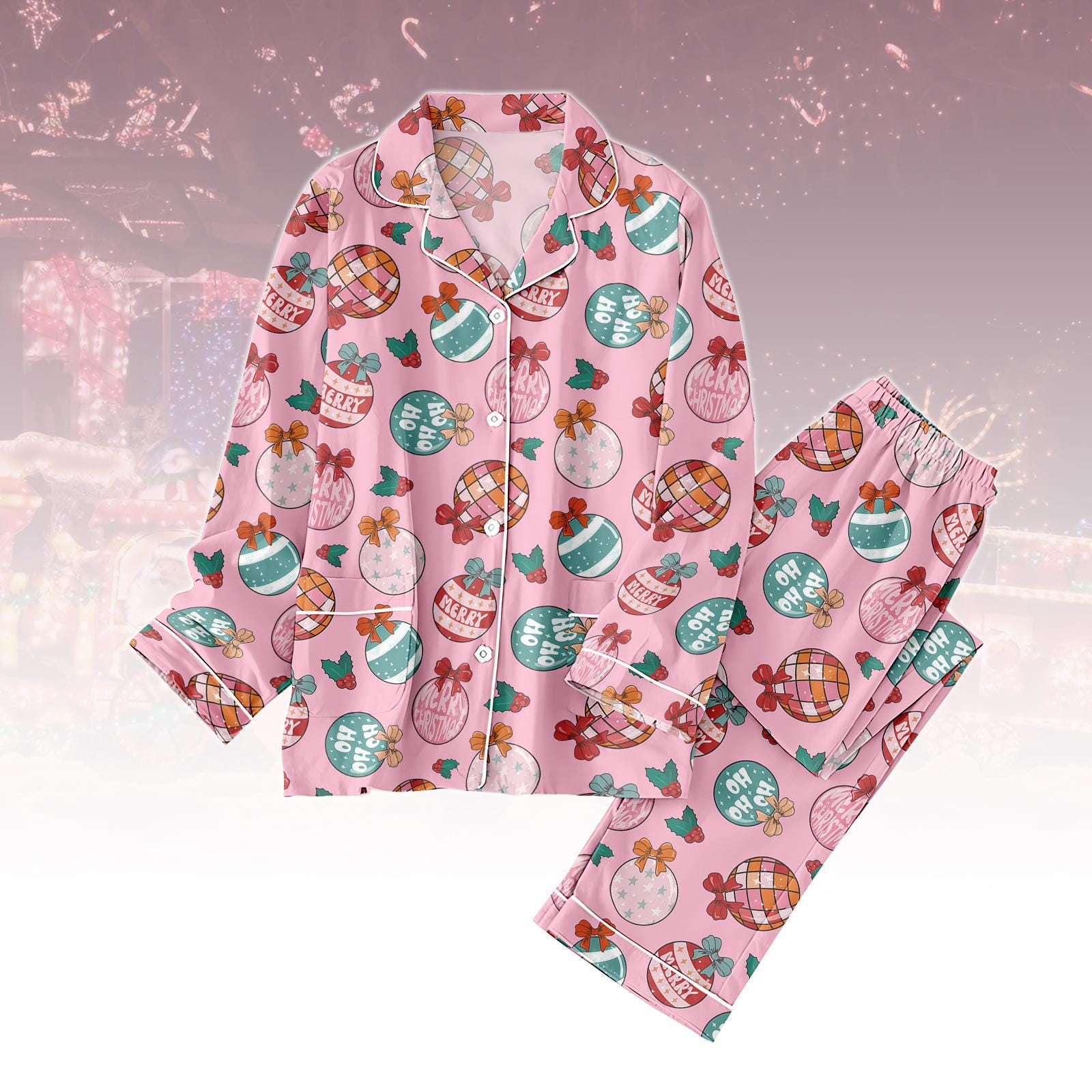 Discover Pink Christmas Ornament Pajamas, Oh Merry Christmas Pajama Set, Cute Holiday Bauble Print Matching Pajamas Set, Cozy Xmas Gift for Wome