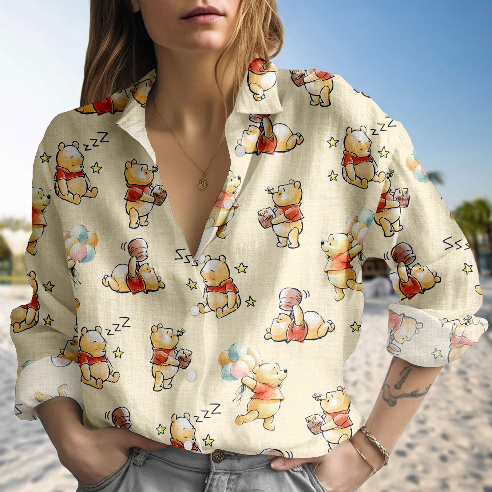 Discover Winnie The Pooh Blouse Shirt, Cute Pooh Linen-look Shirt, Cartoon Button Down Blouse, Pooh Bear Vacation Shirt, Holiday Gift